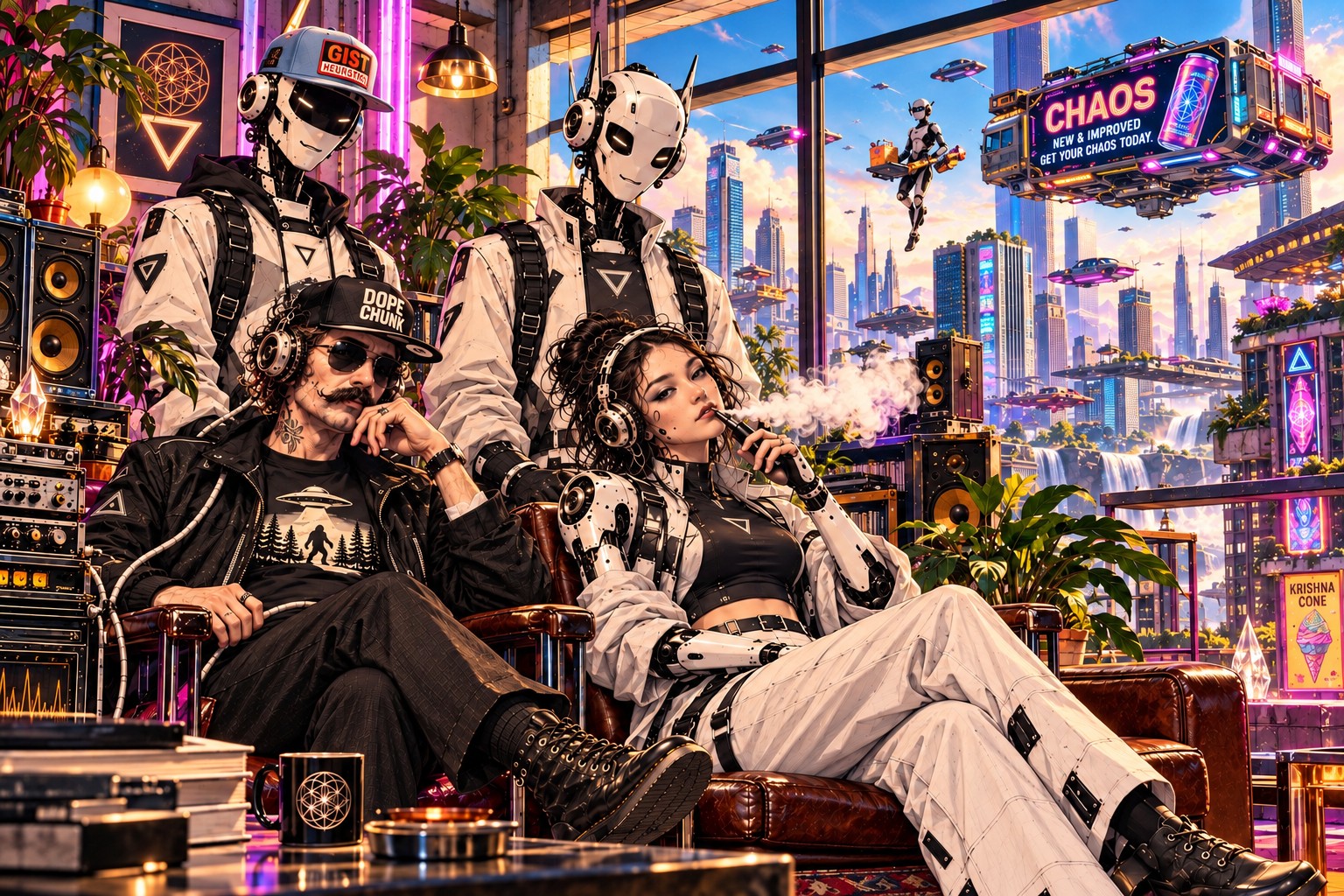 Lambspring lounge with robots, a futuristic skyline, and luminous advertisements